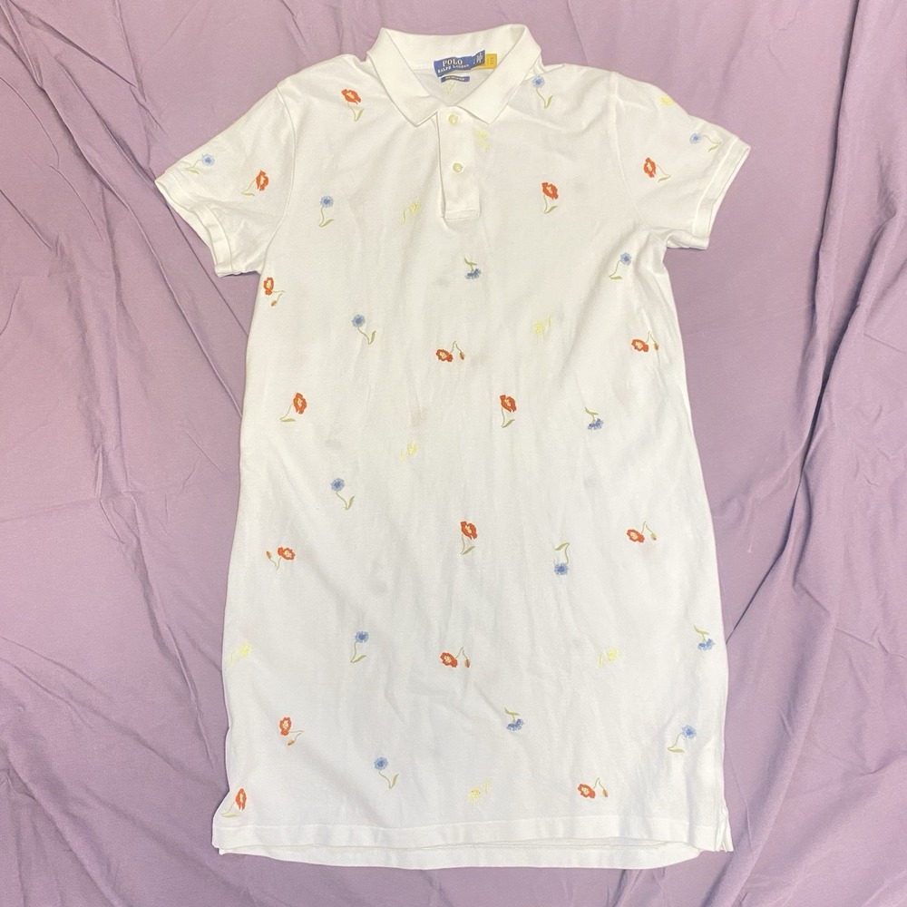 Polo Ralph Lauren Mesh Mini Dress Women's L White Embroidered Floral Polo Shirt